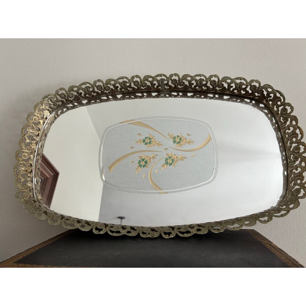 Vintage Oval Brass Gold Tone Filigree Mirror Vanity Tray Floral Perfume Ornate - Picture 6 of 8